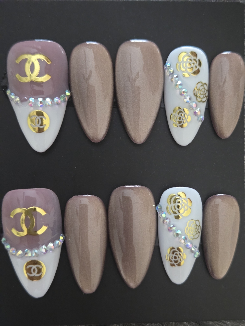 Elegant Nude, Brown, and White Press-On Nail Set with Gold Accents